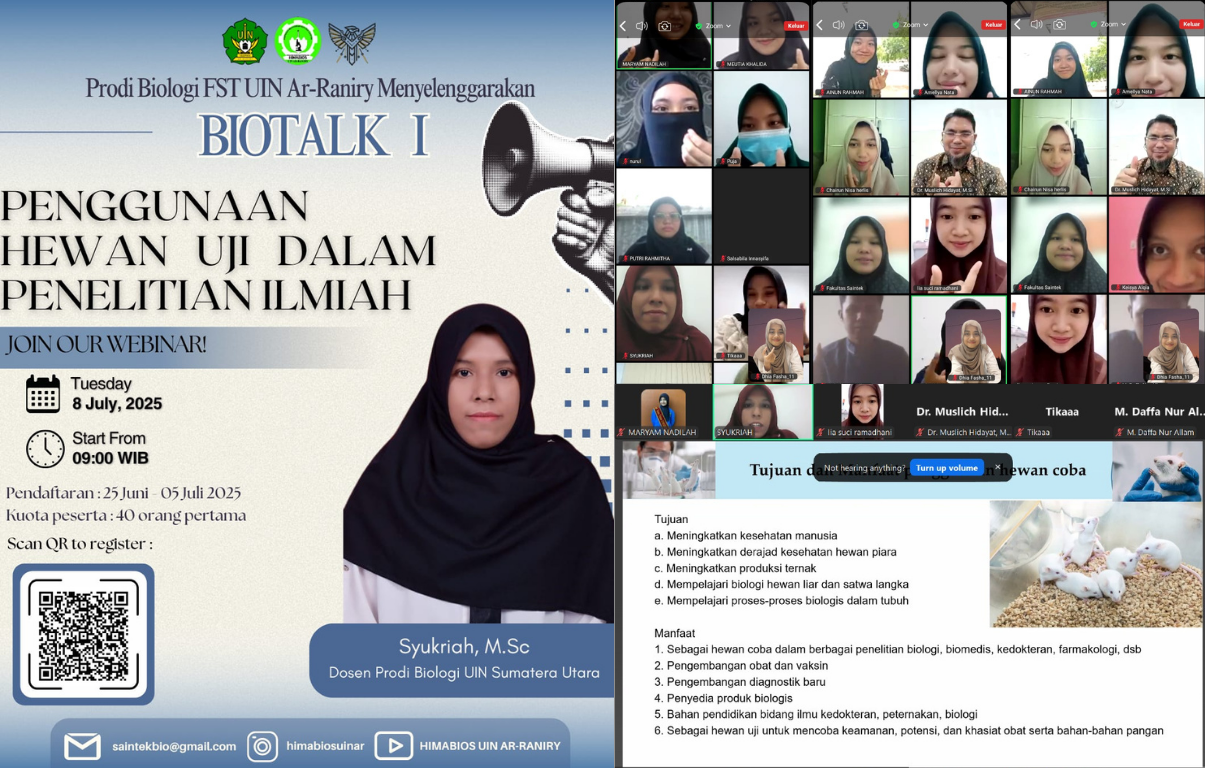 Prodi Biologi FST UIN Ar-Raniry Selenggarakan Webinar BIOTALK I tentang Penggunaan Hewan Uji dalam Penelitian Ilmiah