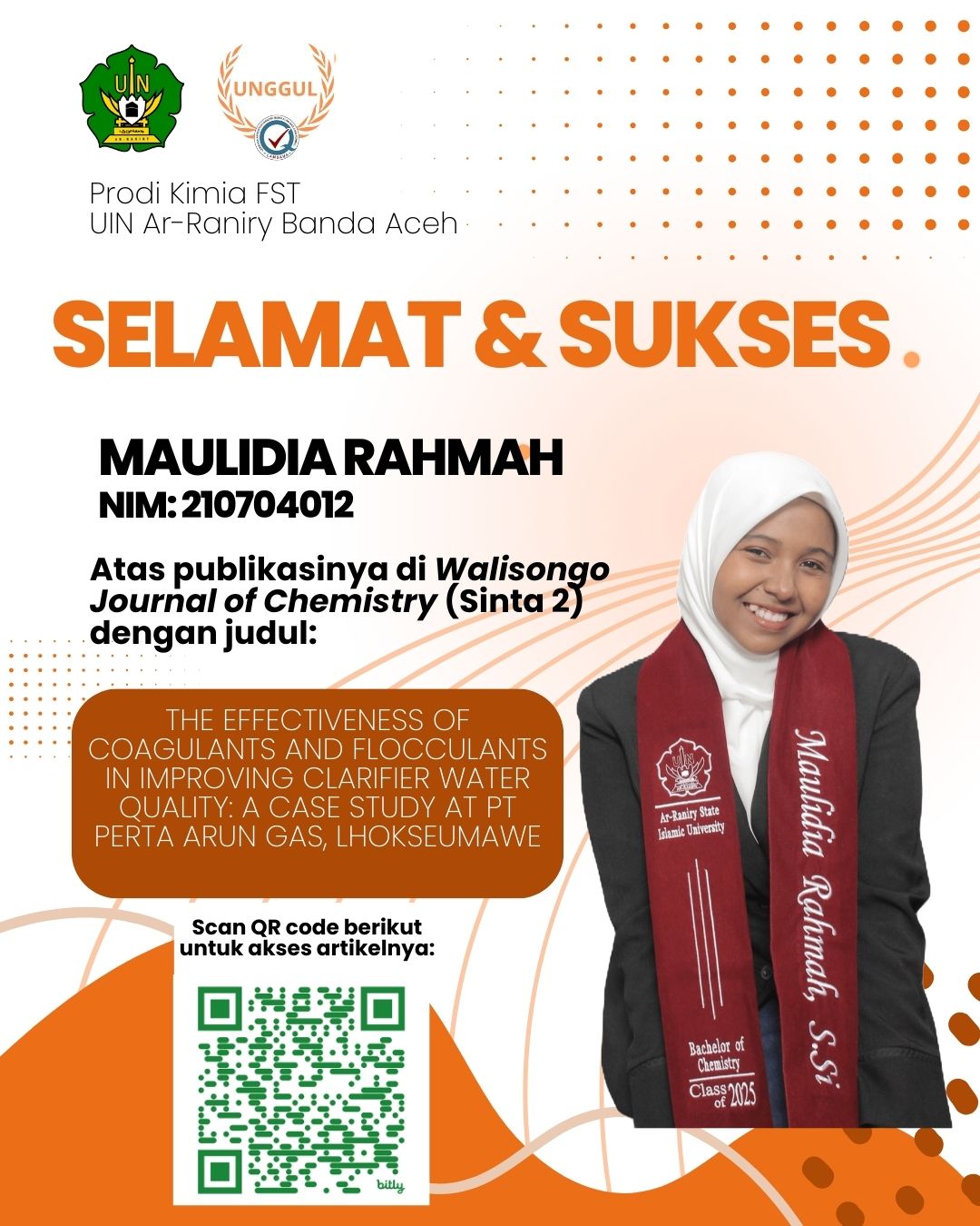 Mahasiswi Kimia UIN Ar-Raniry, Maulidia Rahmah, Publikasikan Penelitian PKL di Jurnal SINTA 2 Walisongo Journal of Chemistry