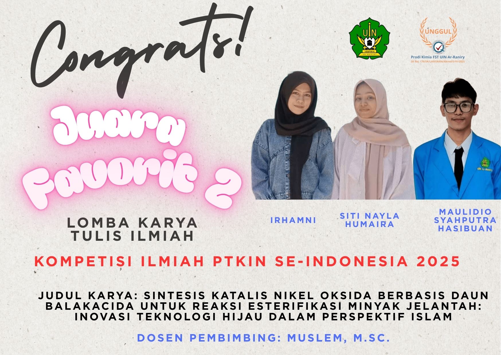 Mahasiswa Prodi Kimia FST UIN Ar-Raniry Raih Juara Favorit 2 dalam Kompetisi LKTI Nasional
