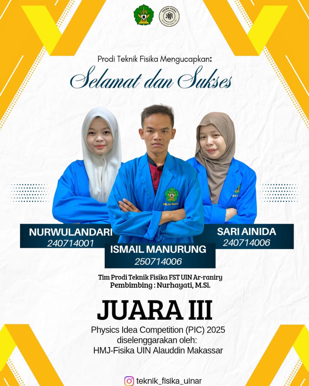 Mahasiswa Teknik Fisika UIN Ar-Raniry Raih Juara III Nasional dalam Physics Idea Competition 2025